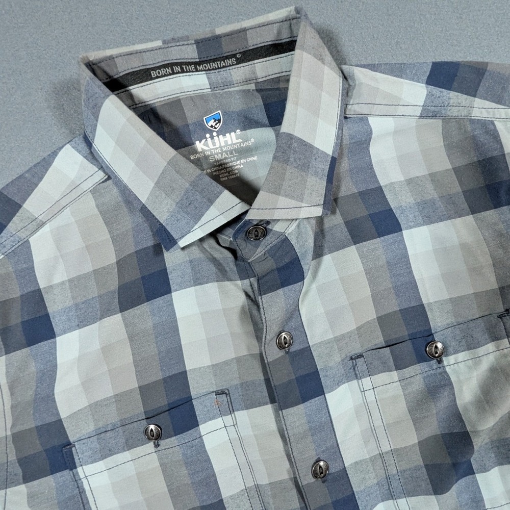 KUHL Button Down Shirt Mens Small Blue Grey Plaid Short Sleeve Tapered Fit